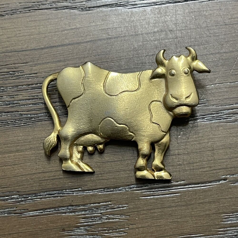 Vintage JJ1988‎ Cow Brooch Pin Signed Gold Tone FFA 4H Farm Ranch Estate Jewelry